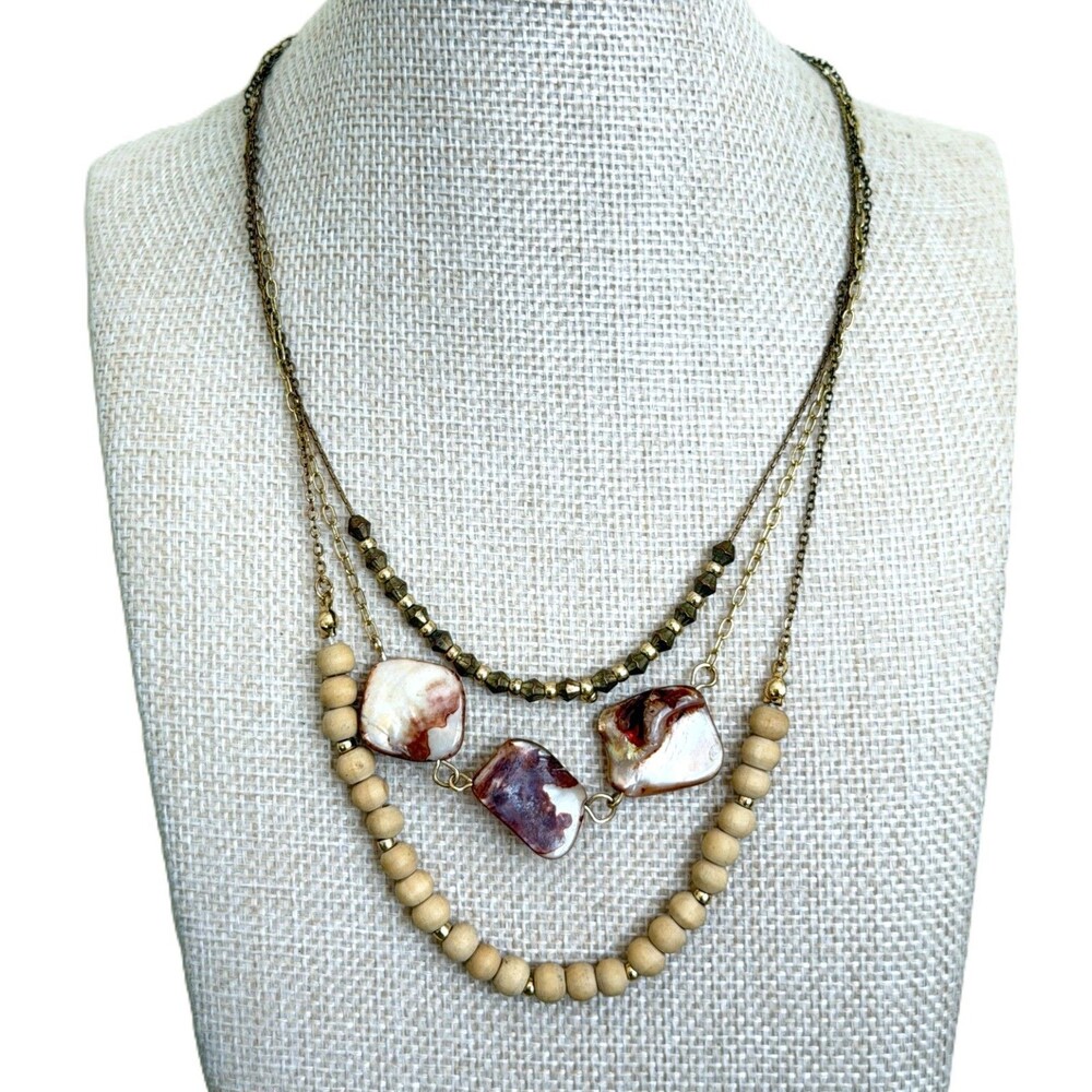 Layered Boho Wooden Bead Shell Necklace Faux Agate Gold Tone Multi Strand Desc